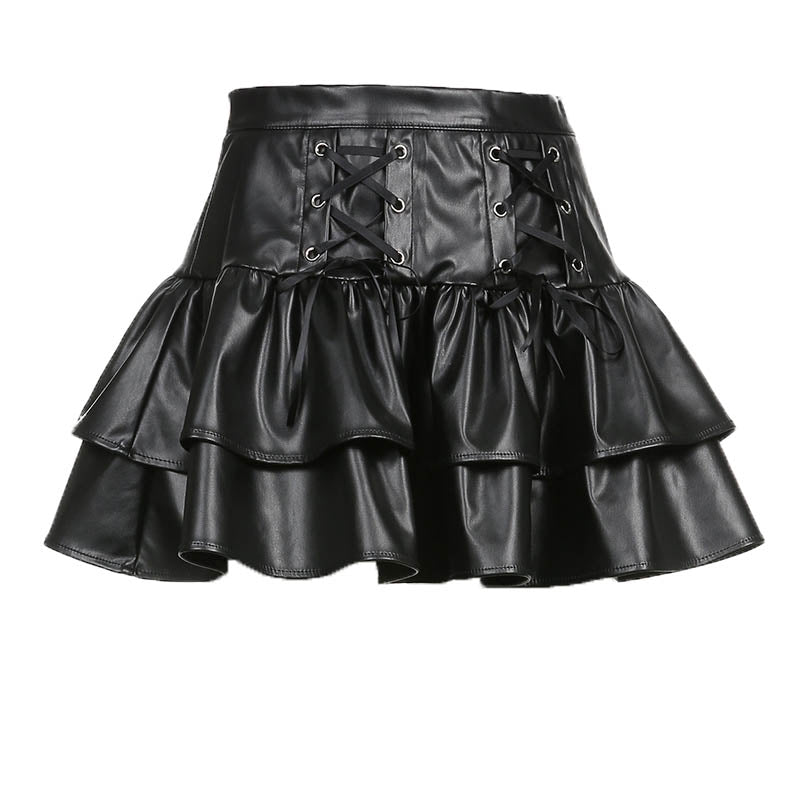 Lace up PU leather ruffle zip-up A line mini skirt