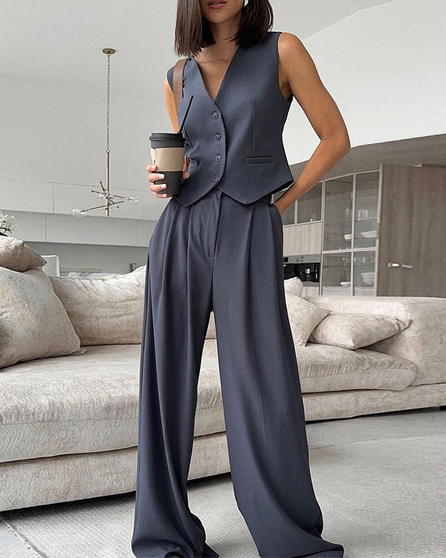 V-neck Sleeveless Vest with Wide-leg Trousers Suit