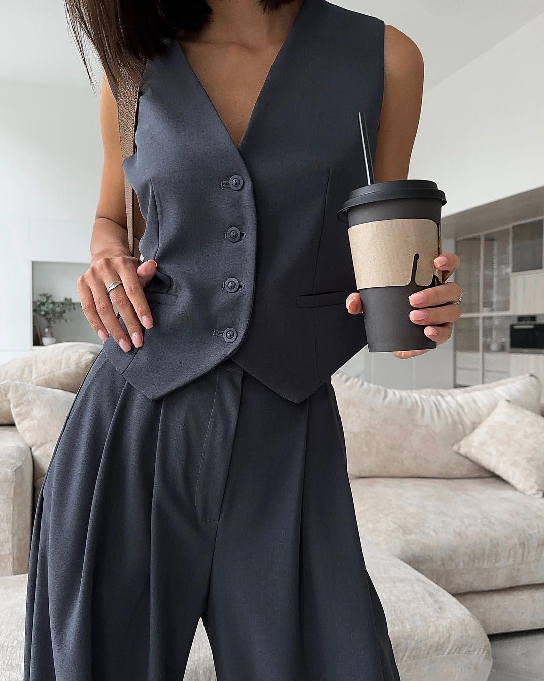 V-neck Sleeveless Vest with Wide-leg Trousers Suit