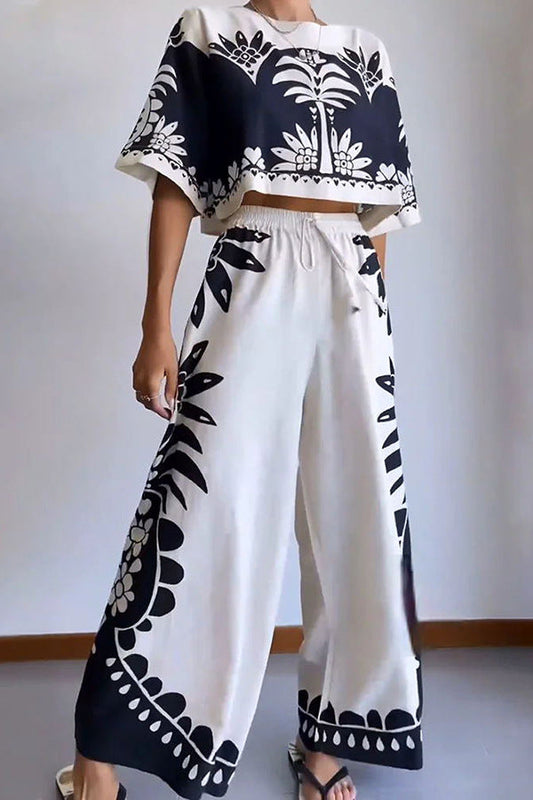 Loose Short Sleeve Top and Wide Leg Pants Set