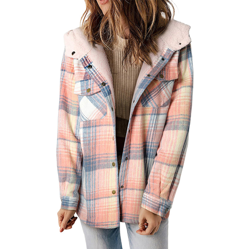 Women's Plaid Long Sleeve Fleece Hooded Jacket With Pockets