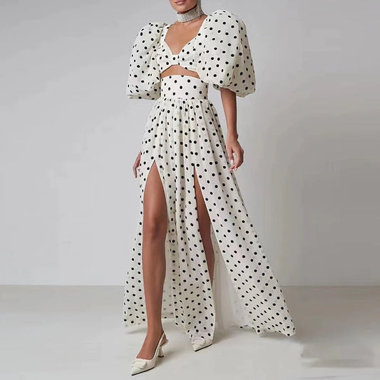 Spotted puffy sleeve skirt suit