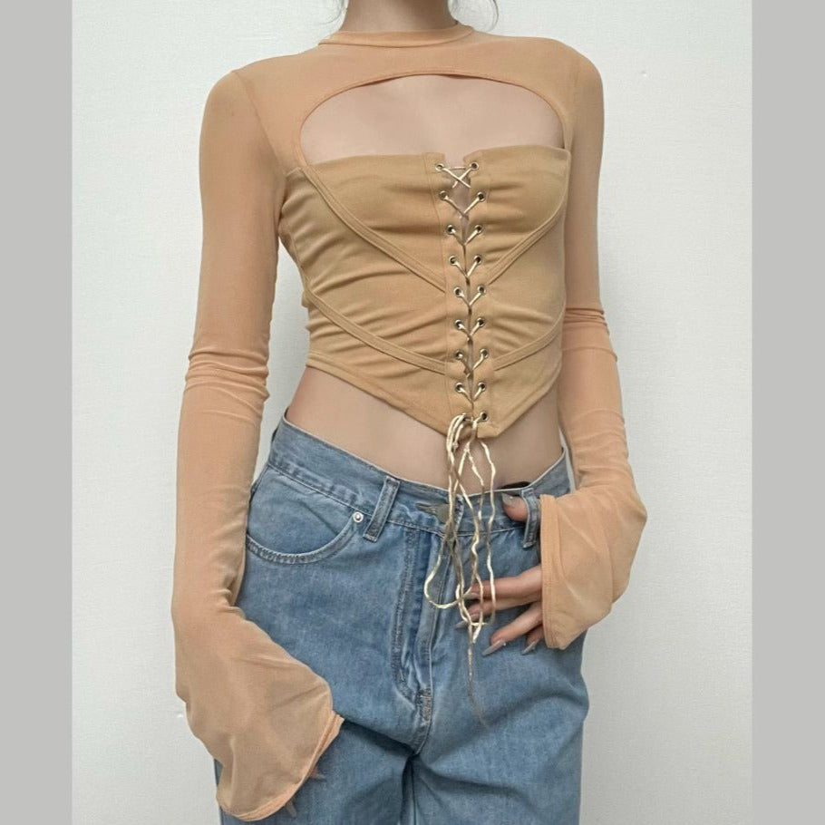 Lace up flared sleeve crewneck corset hollow out backless top y2k 90s Revival Techno Fashion