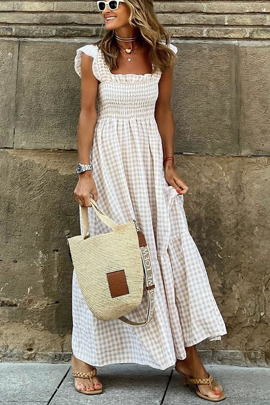 🔥👗Summer trends Long dress with smocked bust in multi-colored checks👗