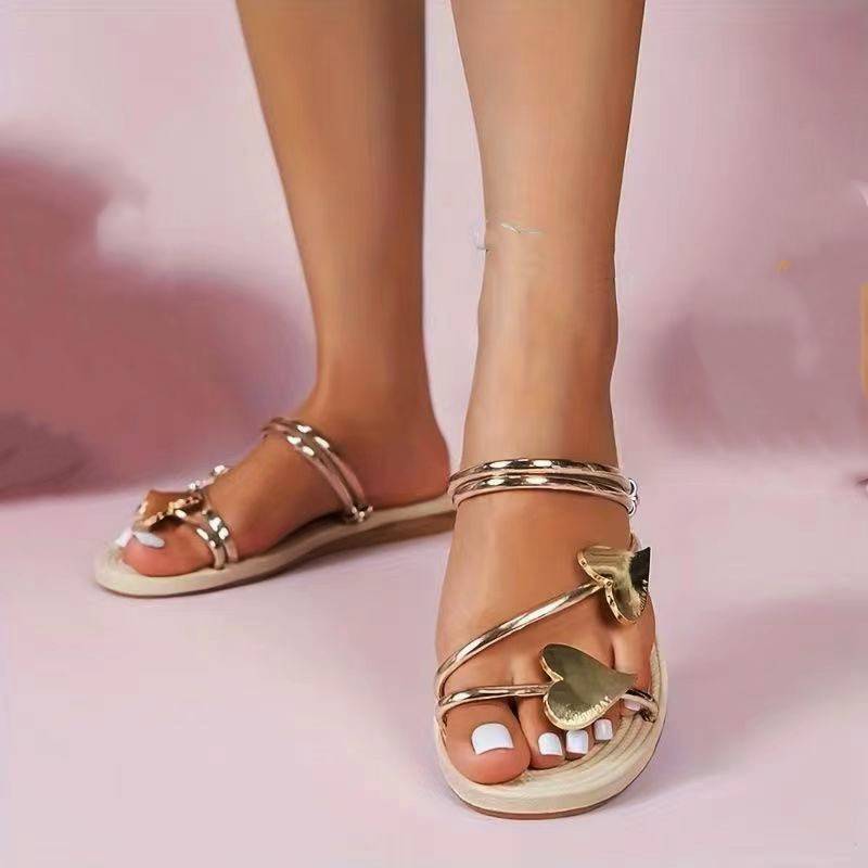 New women's sandals fashion open toe non-slip gold sandals for wearing outside heart shaped flat sandals