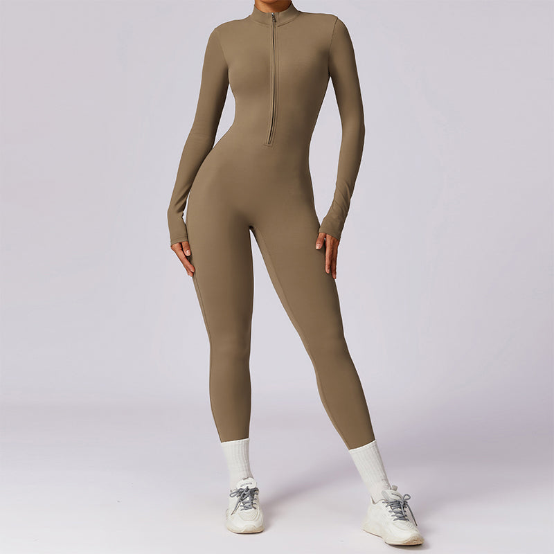 Women's Solid Zip Up Long Sleeve Sports Jumpsuit