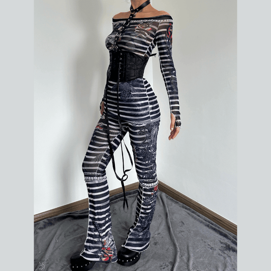 Long sleeve off shoulder sheer mesh print pant set