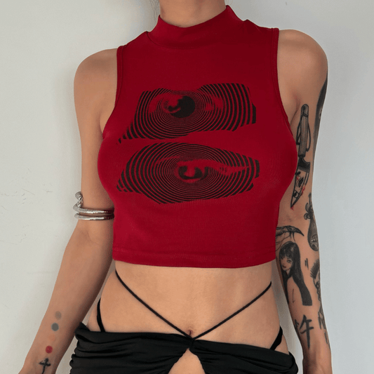 Abstract high neck contrast sleeveless crop top grunge 90s Streetwear Disheveled Chic Fashion grunge 90s Streetwear Distressed Fashion