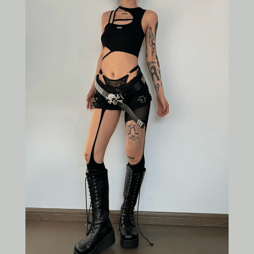 Hollow out irregular solid crop top goth Alternative Darkwave Fashion goth Emo Darkwave Fashion