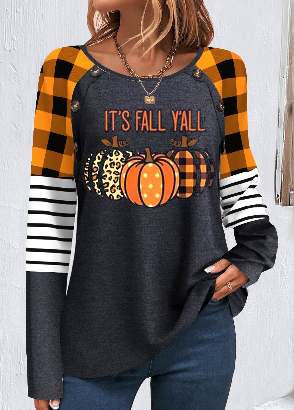 🍊👚Orange Patchwork Halloween Print Long Sleeve Sweatshirt