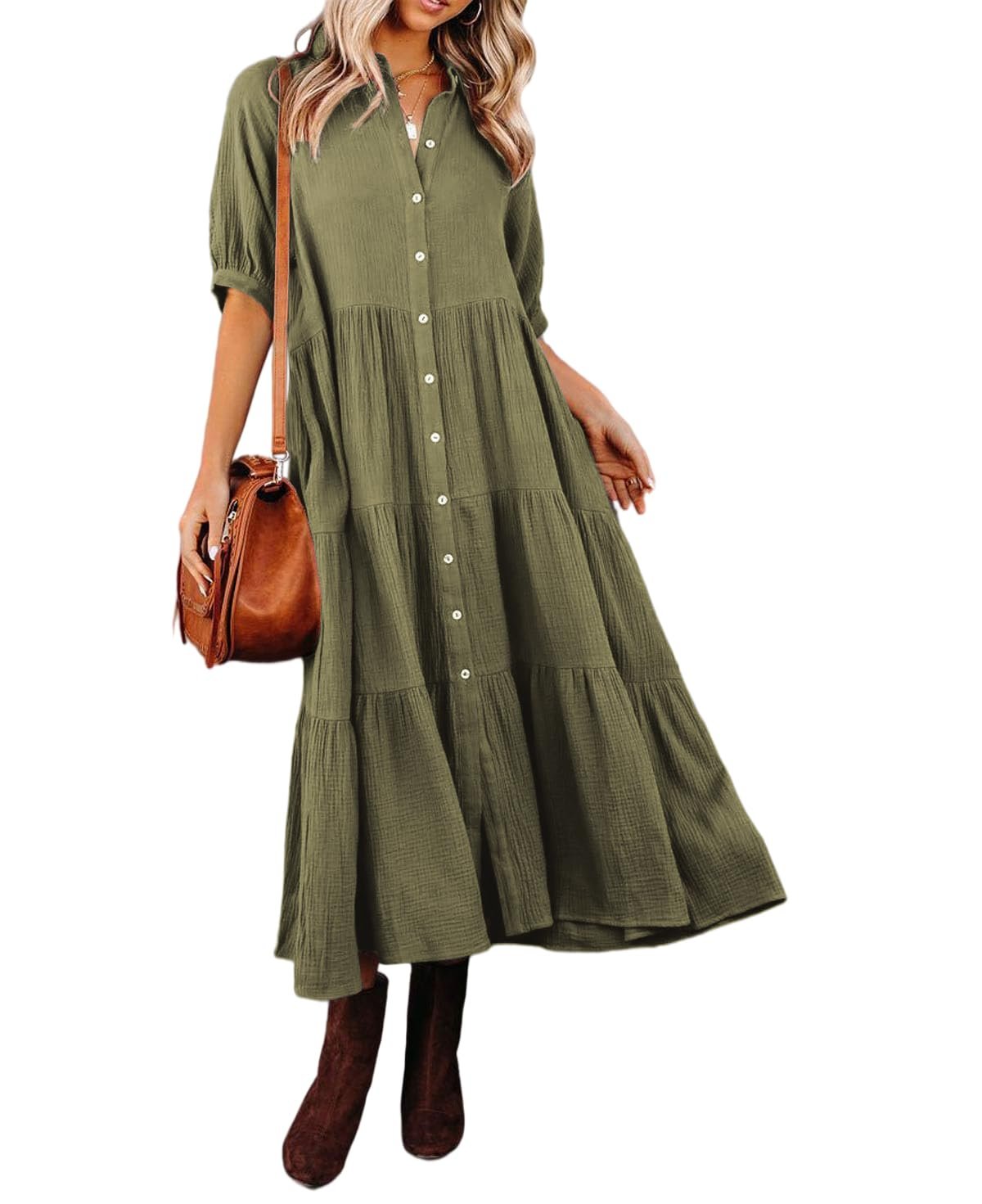 Summer Cotton Half Sleeves Midi Dress with Pockets