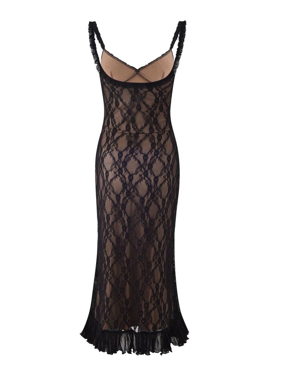 Elegant lace mesh patchwork suspender dress