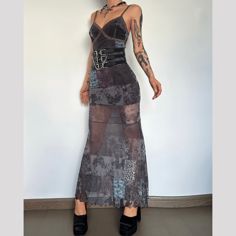 V neck print lace hem mesh cami midi dress