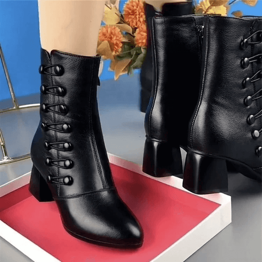 Women Warm Side Butto Leather Ankle Boots