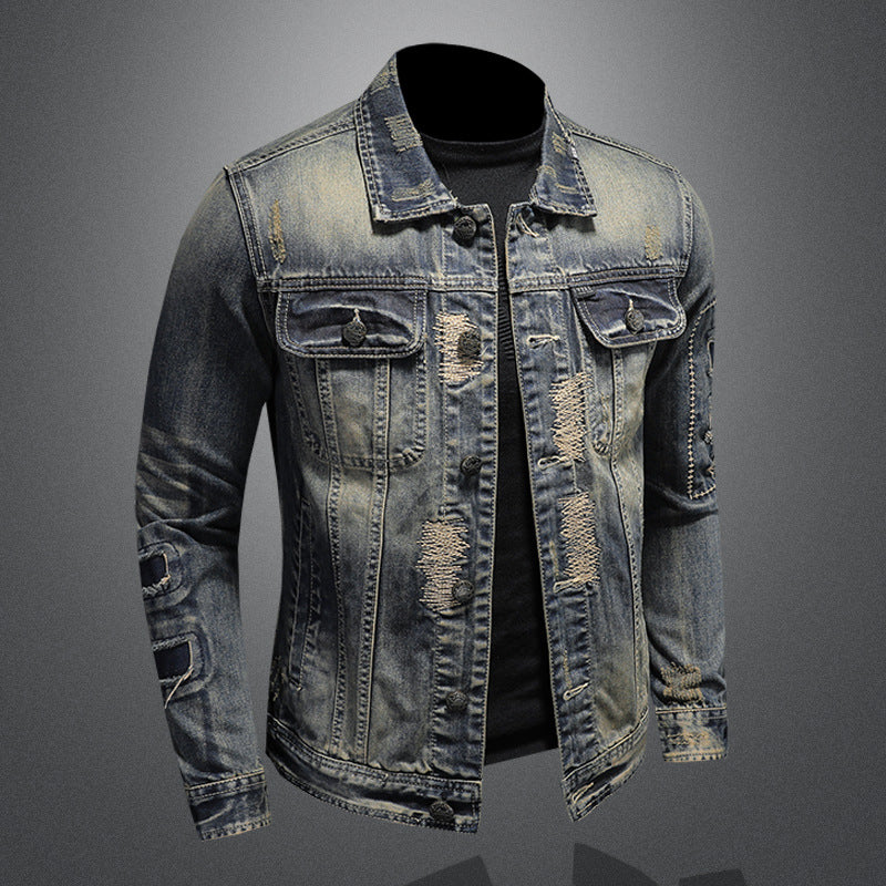 Heavy Industry Hole Patch Men's Denim Jacket Top Vintage Coat