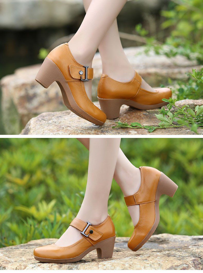 Women's Casual Shoes Brown Leather Pumps Round Toe Shallow