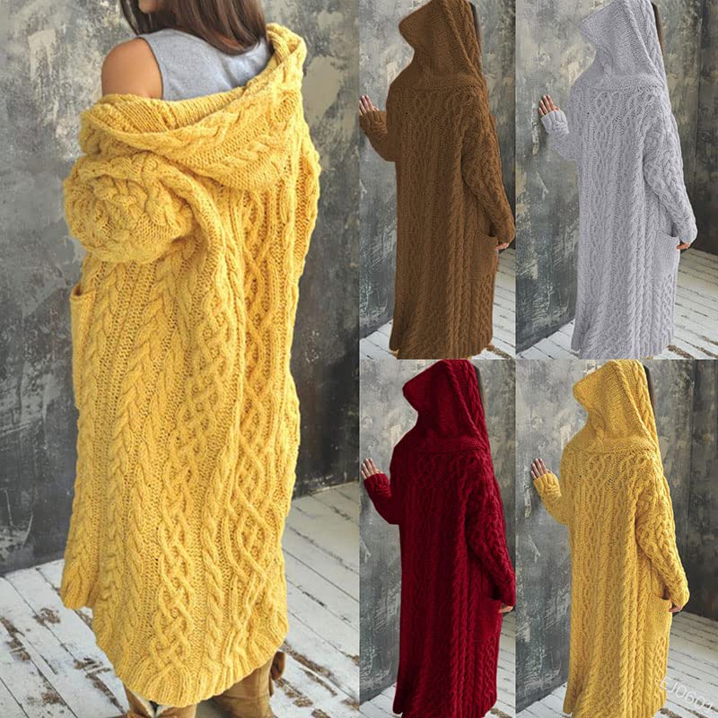 Long Sleeve Braid Knit Hooded Long Loose Cardigan