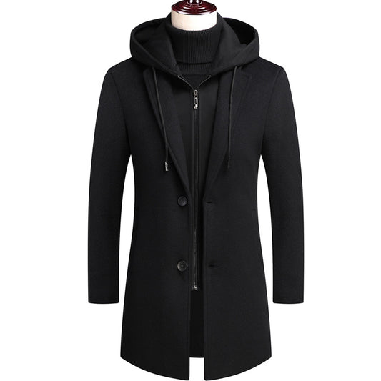 Men's woolen coat mid-length double collar detachable hood woolen coat