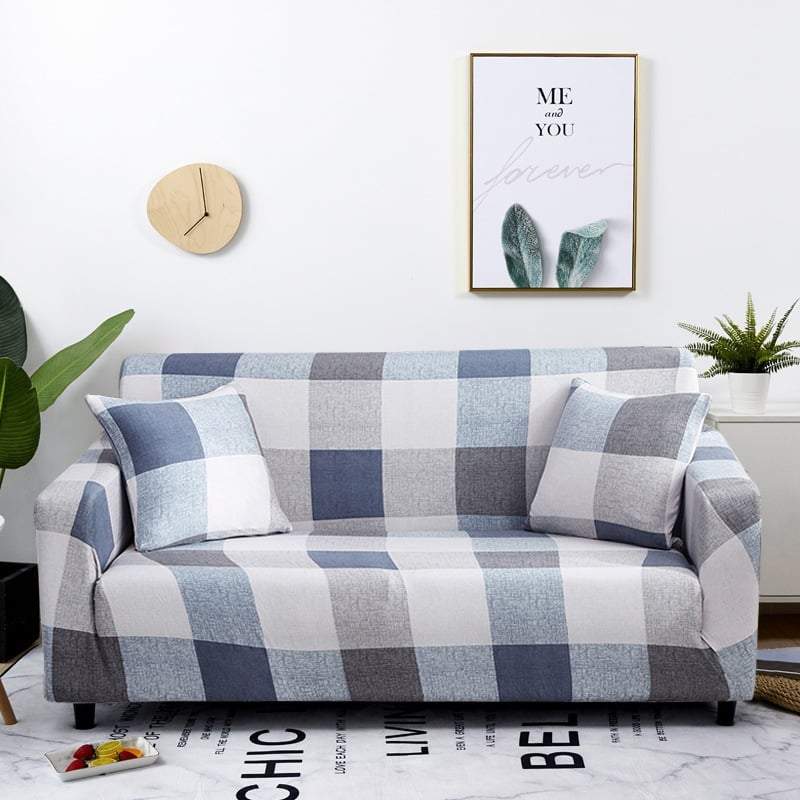 Blue Checkered-Full-wrapped Universal Stretch Sofa Cover