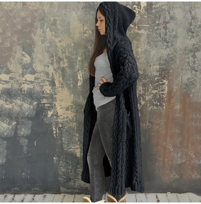 Long Sleeve Braid Knit Hooded Long Loose Cardigan