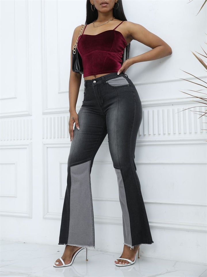 Trendy Sexy High-rise Contrast Color Women's Denim Flare Pants