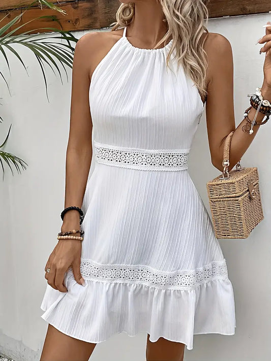 Contrast Lace Tie Back Backless Dress, Elegant Sleeveless Halter Neck Dress