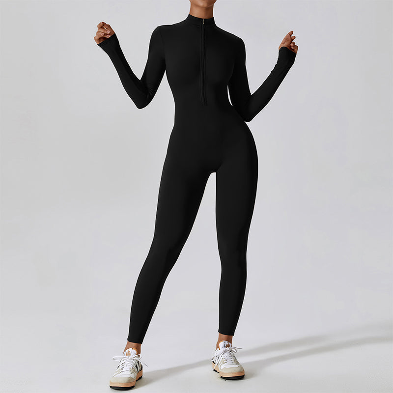 Women's Solid Zip Up Long Sleeve Sports Jumpsuit