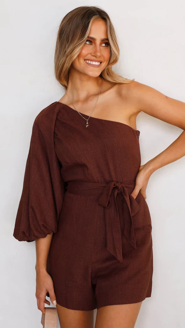 ✨Buy 2 Free Shipping✨Women's Summer Casual One Shoulder 3/4 Puff Sleeve Tie Waist Short Jumpsuit