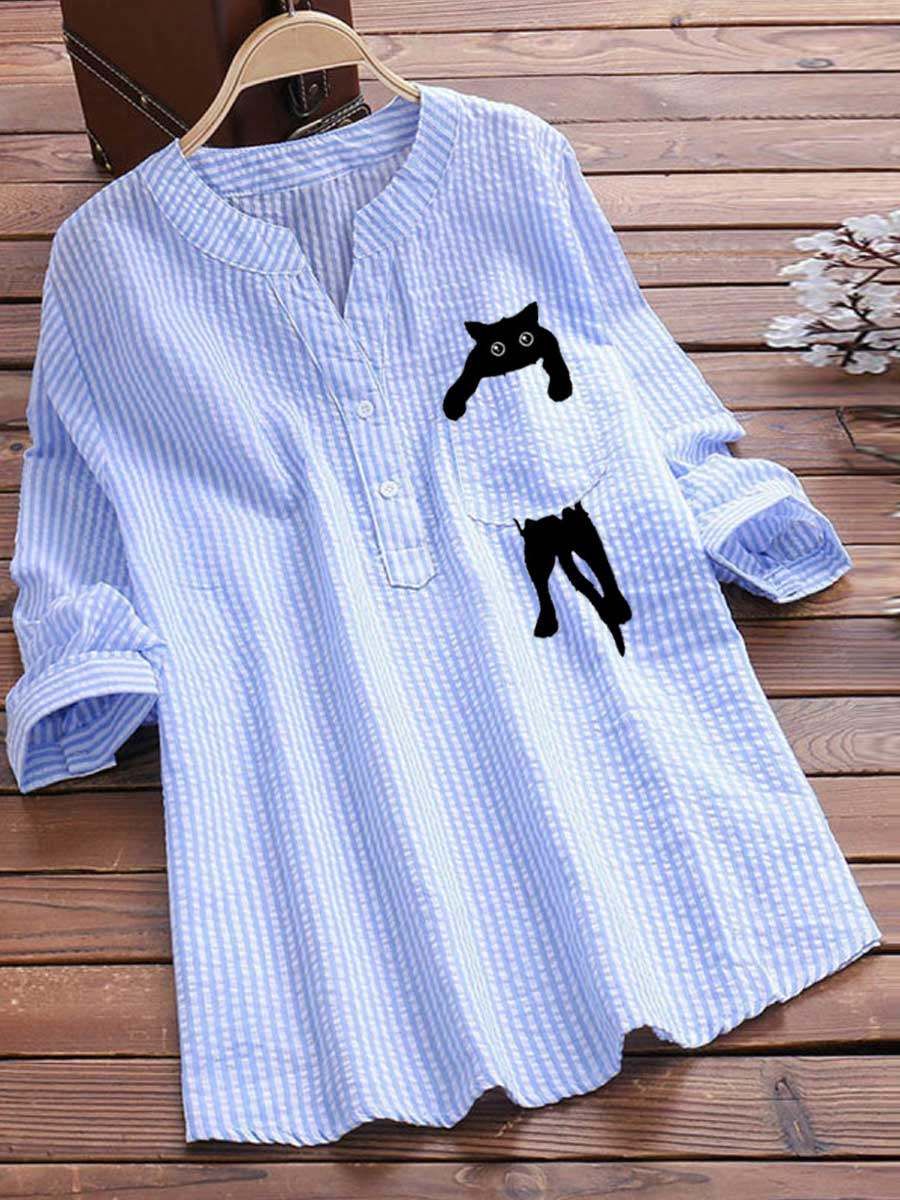 🔥LAST DAY 49% OFF-V-neck Cotton And Cat Print Long Sleeve Blouse