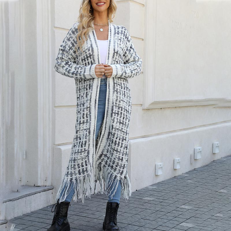 Women’s Elegant Knitted Cardigan Shawl with Tassel Hemline