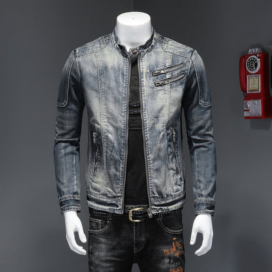 Fashion slim fit men's stand collar zipper Harley motorcycle denim jacket men's coat