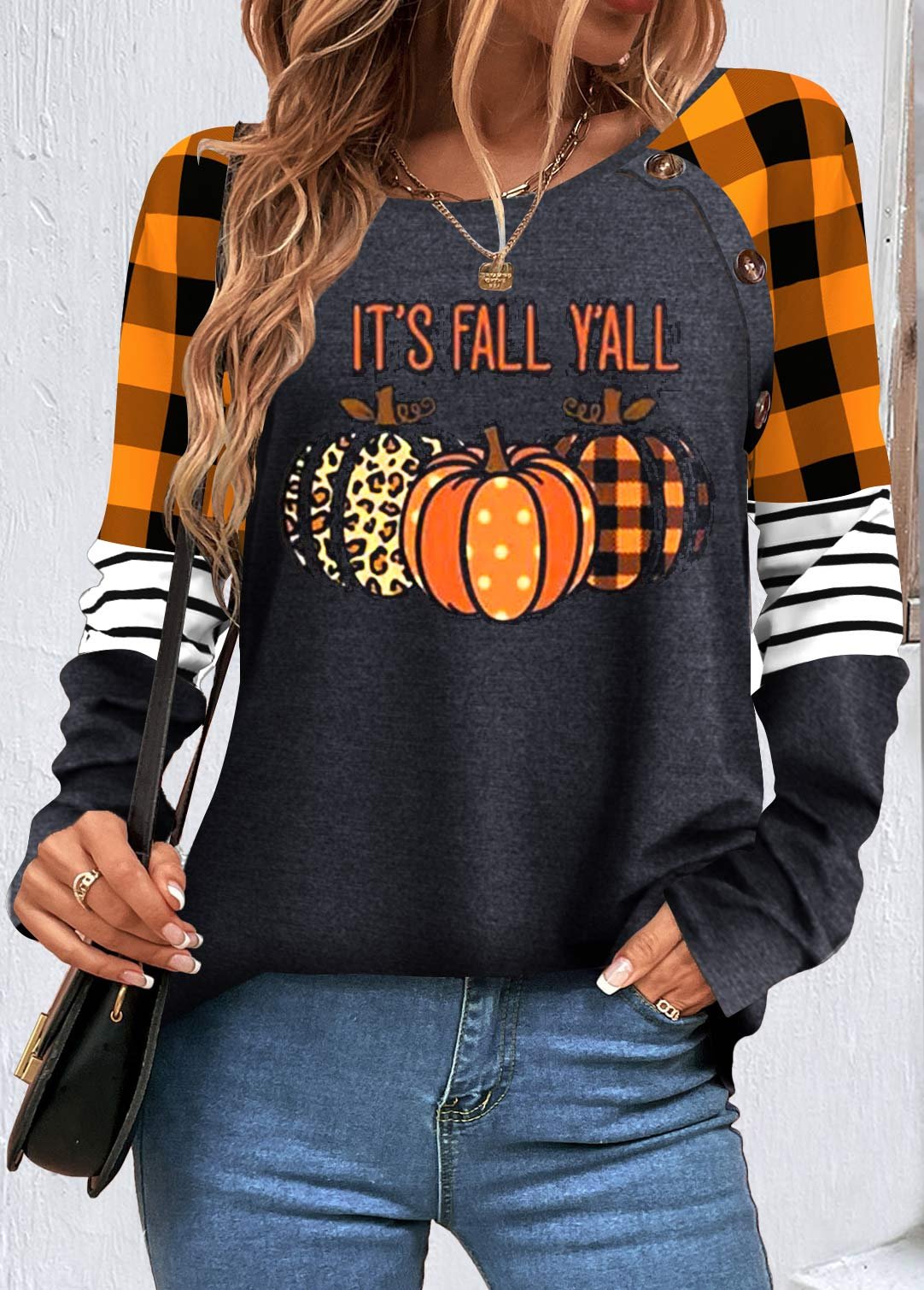 🍊👚Orange Patchwork Halloween Print Long Sleeve Sweatshirt