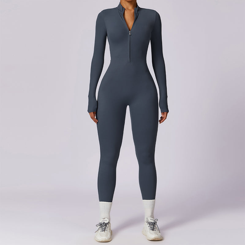 Women's Solid Zip Up Long Sleeve Sports Jumpsuit