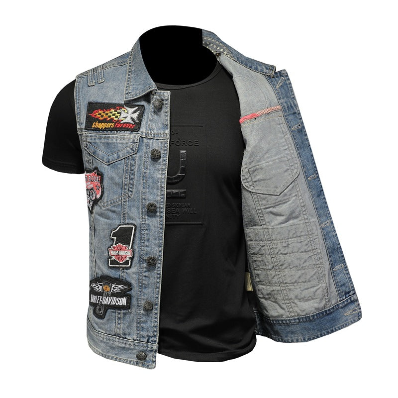 Harley motorcycle emblem denim vest for men riding large size European and American style sleeveless waistcoat