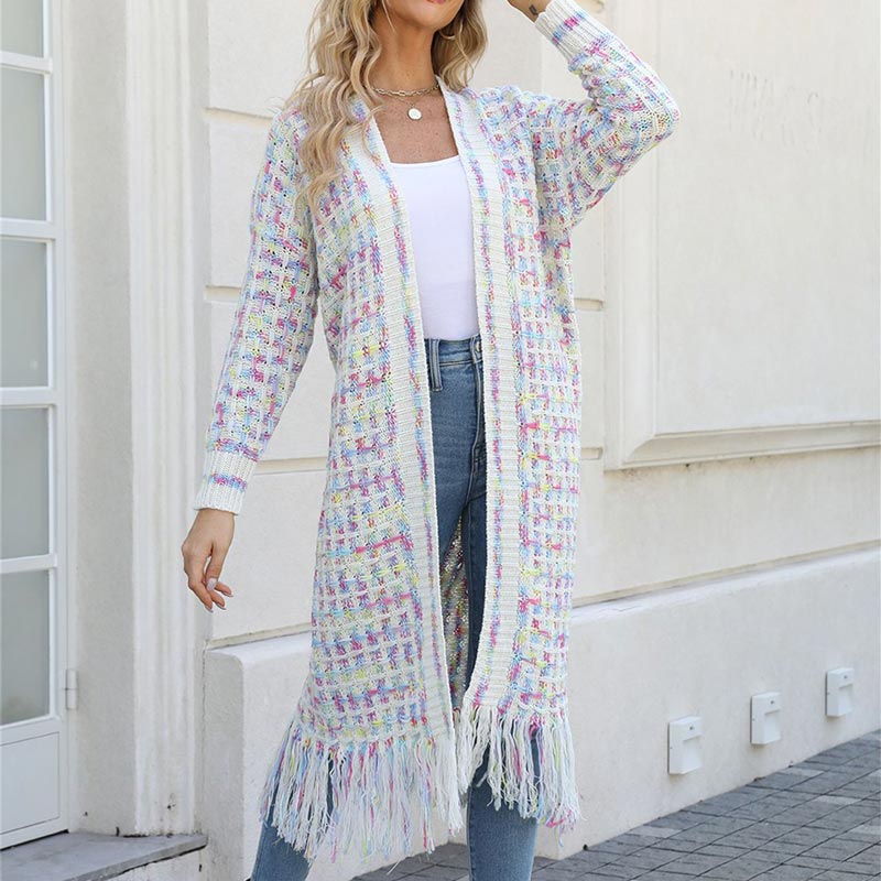 Women’s Elegant Knitted Cardigan Shawl with Tassel Hemline