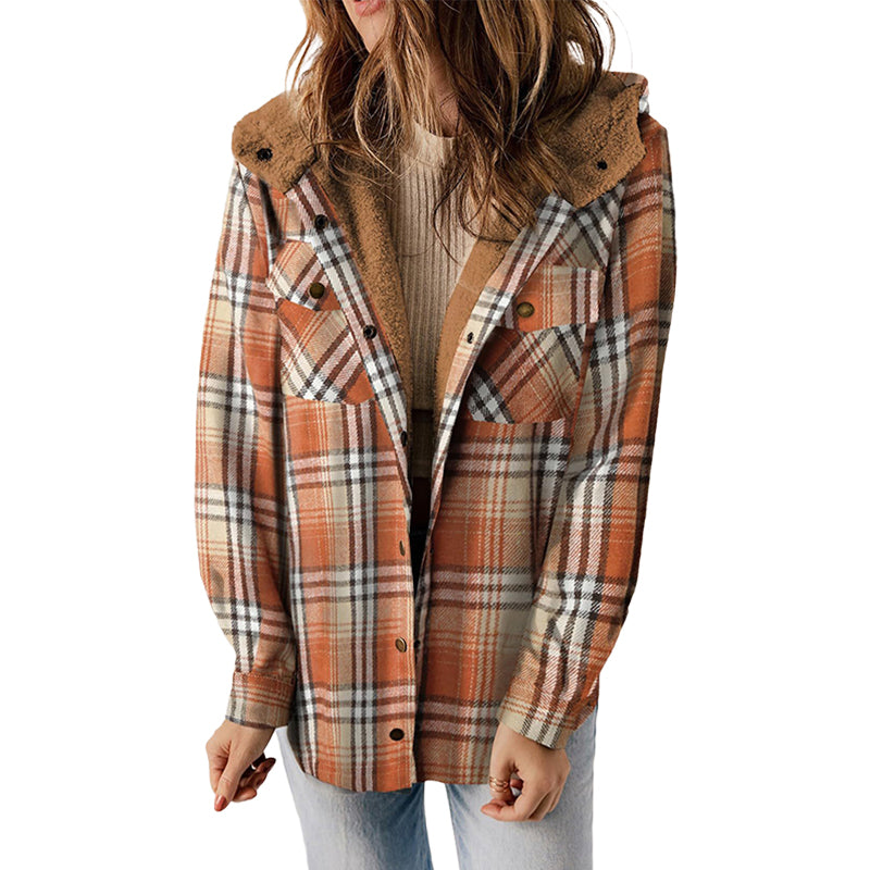 Women's Plaid Long Sleeve Fleece Hooded Jacket With Pockets