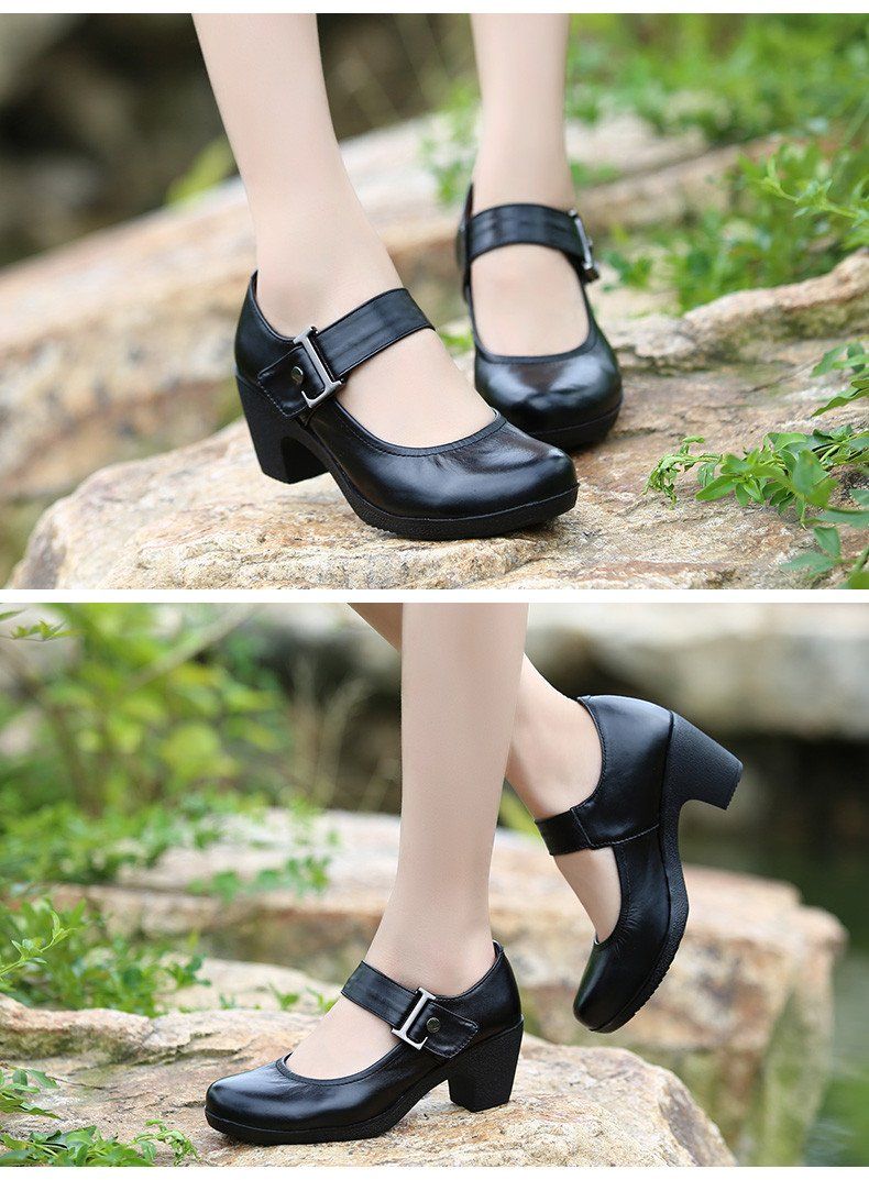 Women's Casual Shoes Brown Leather Pumps Round Toe Shallow