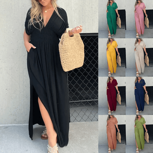 SLIT V-NECK EFFORTLESS MAXI LONG DRESS