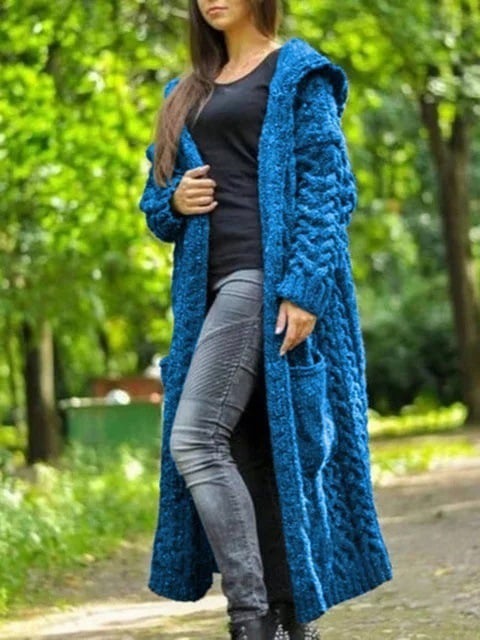 Long Sleeve Braid Knit Hooded Long Loose Cardigan