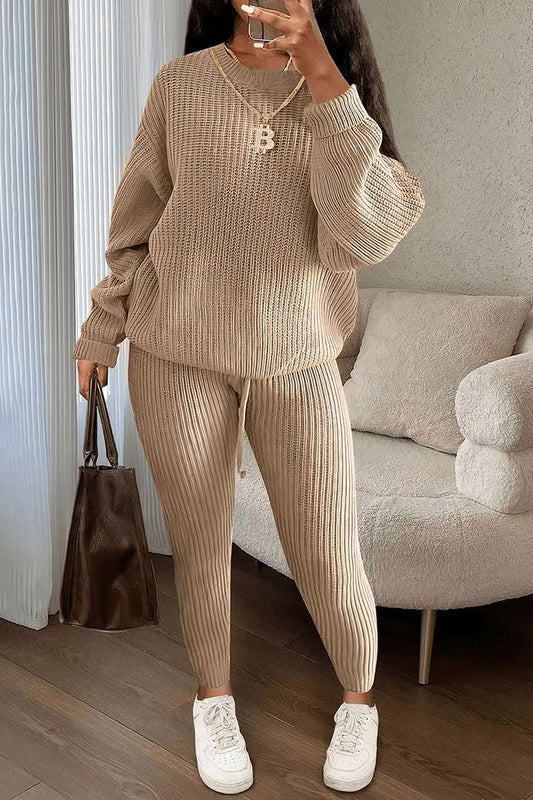 Solid Chunky Knit Drop Shoulder Sweater & Drawstring Pants Set