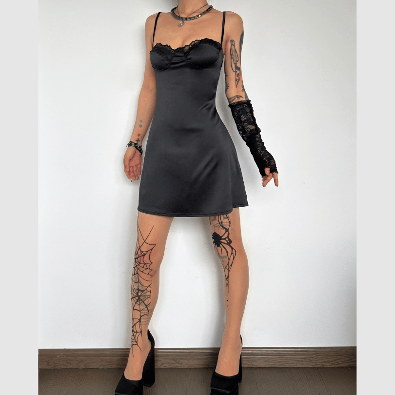 Lace hem satin ruched hollow out backless cami mini dress