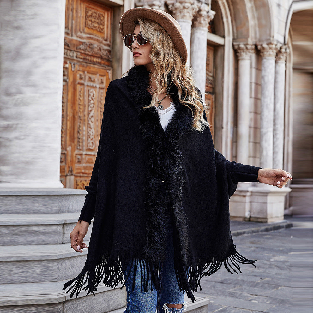 Autumn and Winter Women's Long-sleeved Round Neck New Fur Collar Shawl Cardigan Sweater Coat