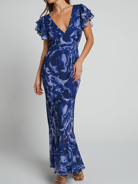 Navy Swirl V-Neck Flutter Sleeve Maxi Dress