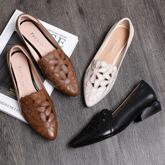 Soft-soled Causal Cutout Embroidered Leather Shoes