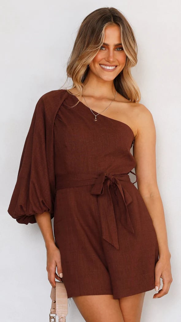 ✨Buy 2 Free Shipping✨Women's Summer Casual One Shoulder 3/4 Puff Sleeve Tie Waist Short Jumpsuit