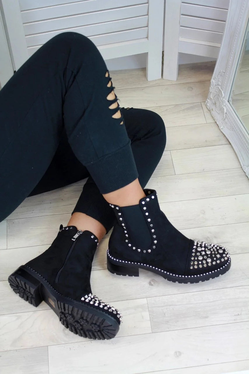 Women's ankle high black studded boots chunky chelsea boots