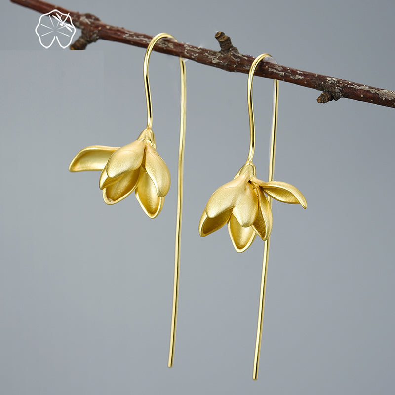 18K Gold Elegant Magnolia Flower Dangle Earrings