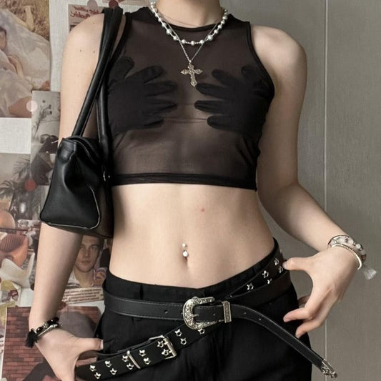 Sheer mesh see through palm embroidered crewneck crop top y2k 90s Revival Techno Fashion goth Alternative Darkwave Fashion goth Emo Darkwave Fashion