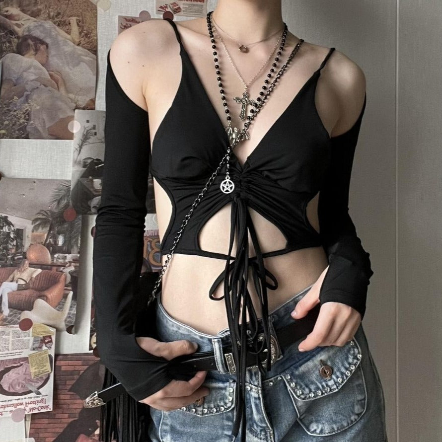 Long sleeves V neck halter ruched solid 2 piece top goth Alternative Darkwave Fashion goth Emo Darkwave Fashion