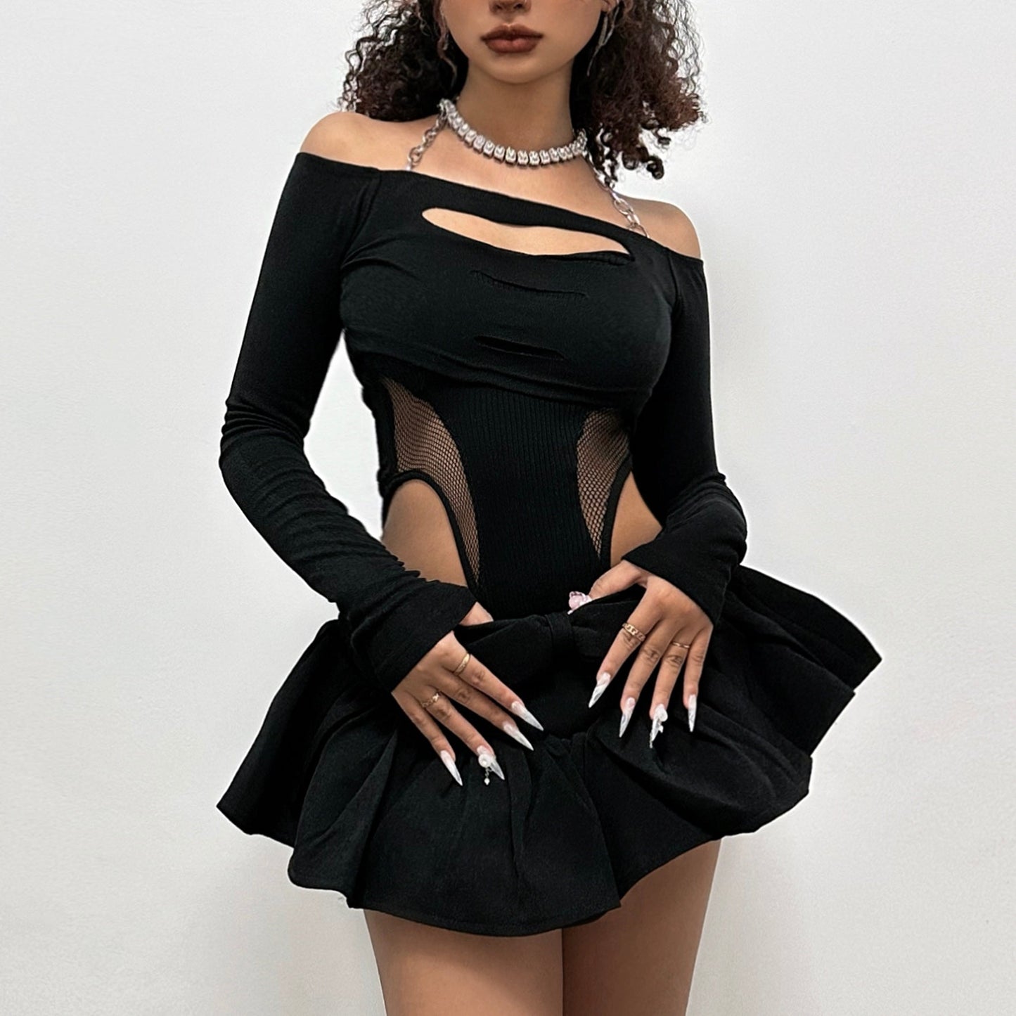 Hollow out off shoulder gloves long sleeve solid crop top y2k 90s Revival Techno Fashion